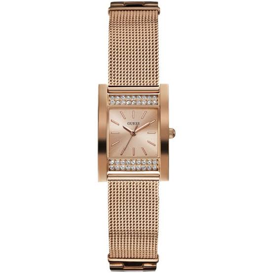 Guess Nouveau rose gold ladies watch with diamond accents and mesh bracelet, front view