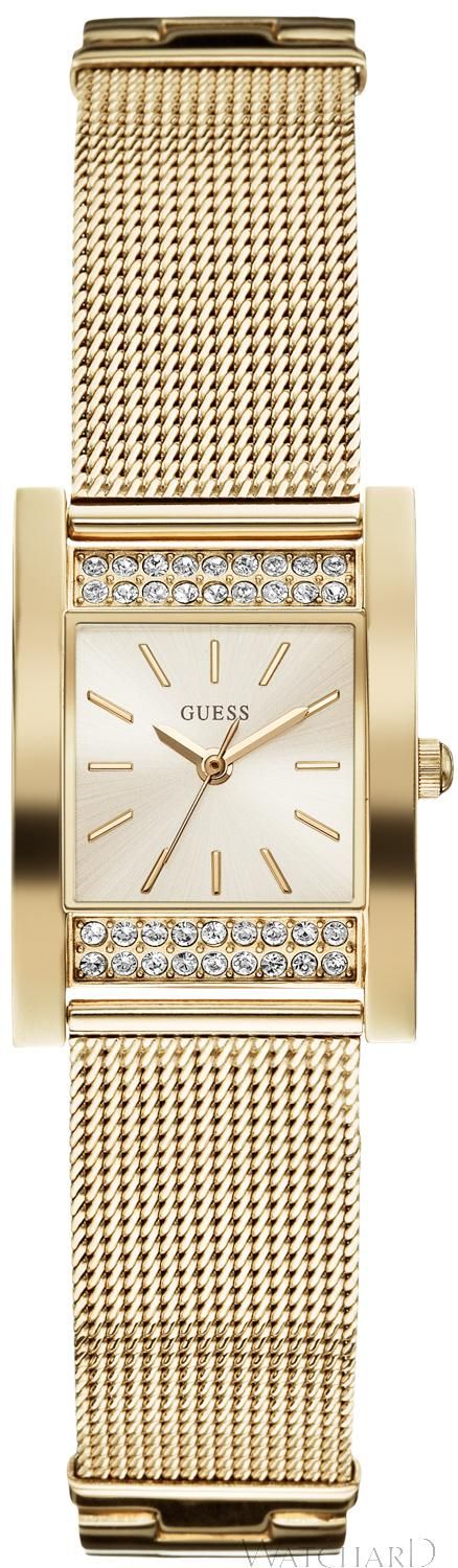Guess Nouveau gold-tone ladies watch with diamond-accented rectangular dial and mesh bracelet