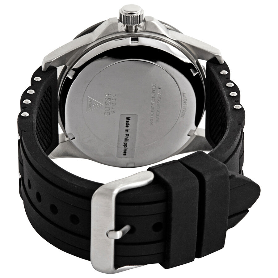 Guess Oasis watch caseback showing stainless steel back plate and black rubber strap