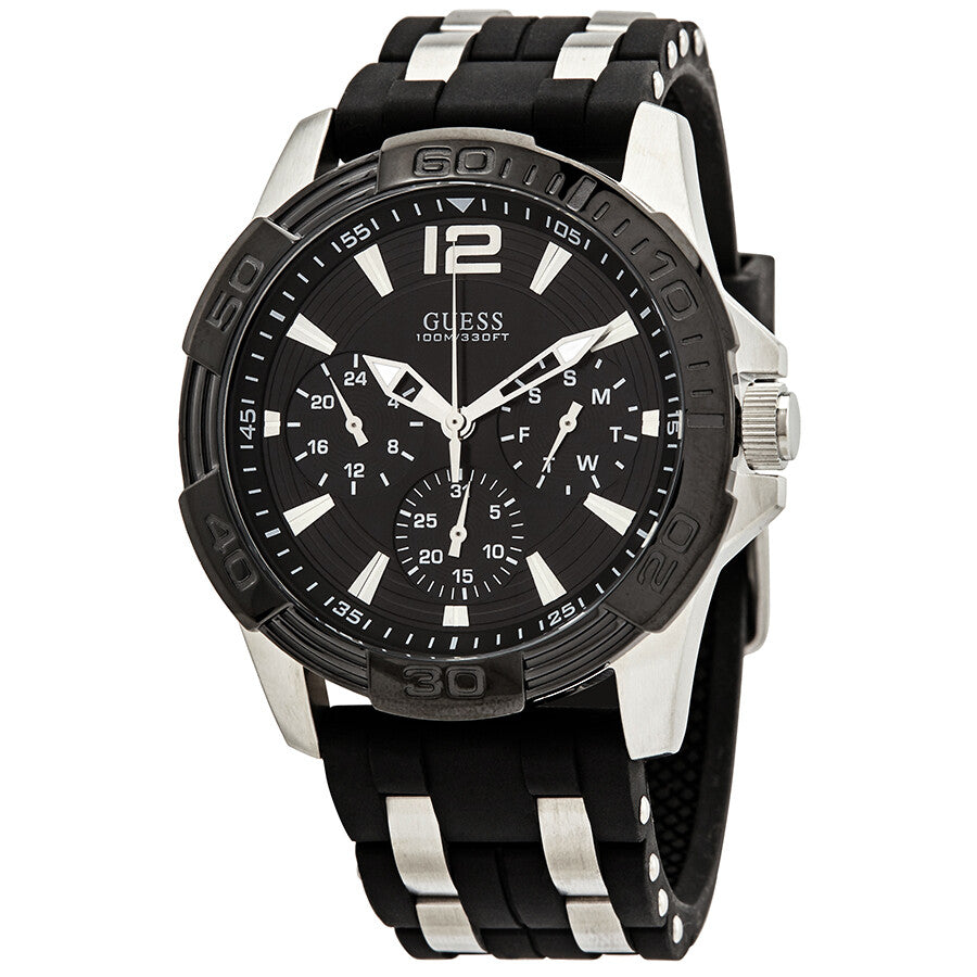 Guess Oasis quartz men's watch with black dial, chronograph subdials, silver and black strap
