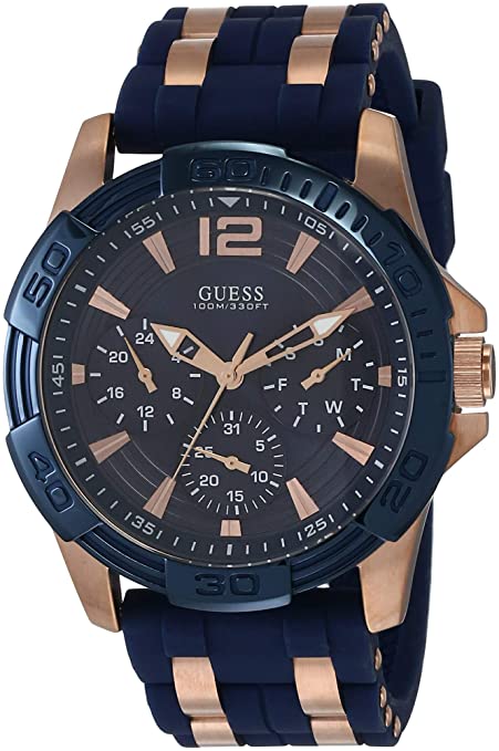 Guess Oasis men's watch with blue dial, rose gold and blue rubber strap, chronograph subdials