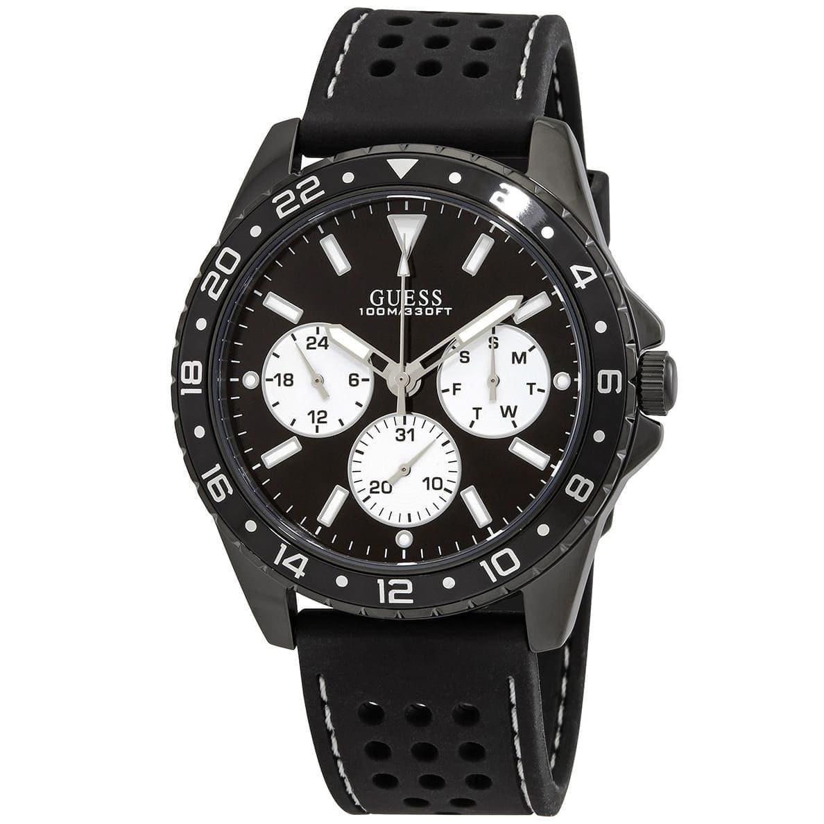 Guess Odyssey black dial chronograph with white subdials and perforated black rubber strap