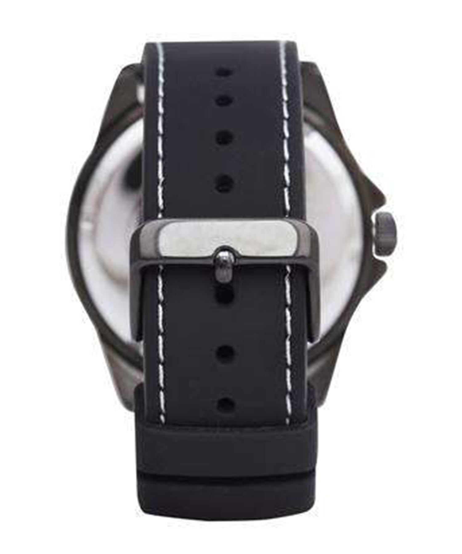 Guess Odyssey watch caseback showing black rubber strap with white stitching