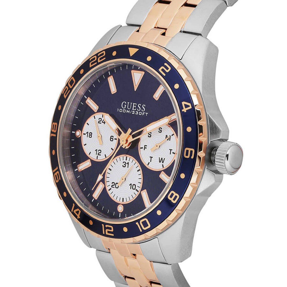 Guess Odyssey watch angled view showing two-tone bracelet and rose gold bezel detail