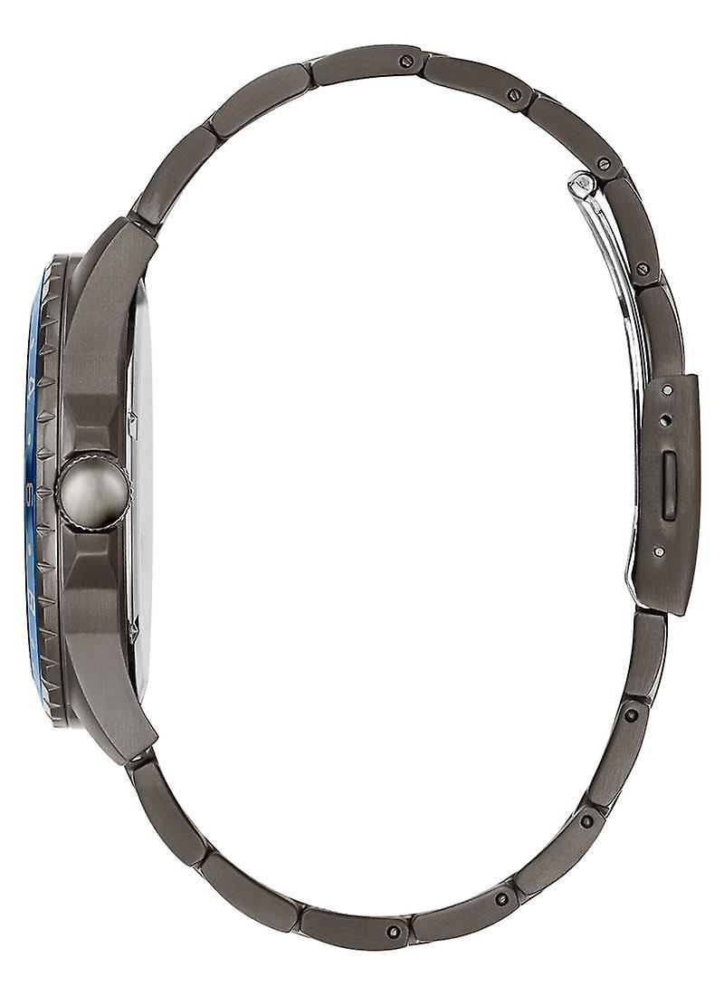 Side view of Guess Odyssey watch showing case profile and stainless steel bracelet