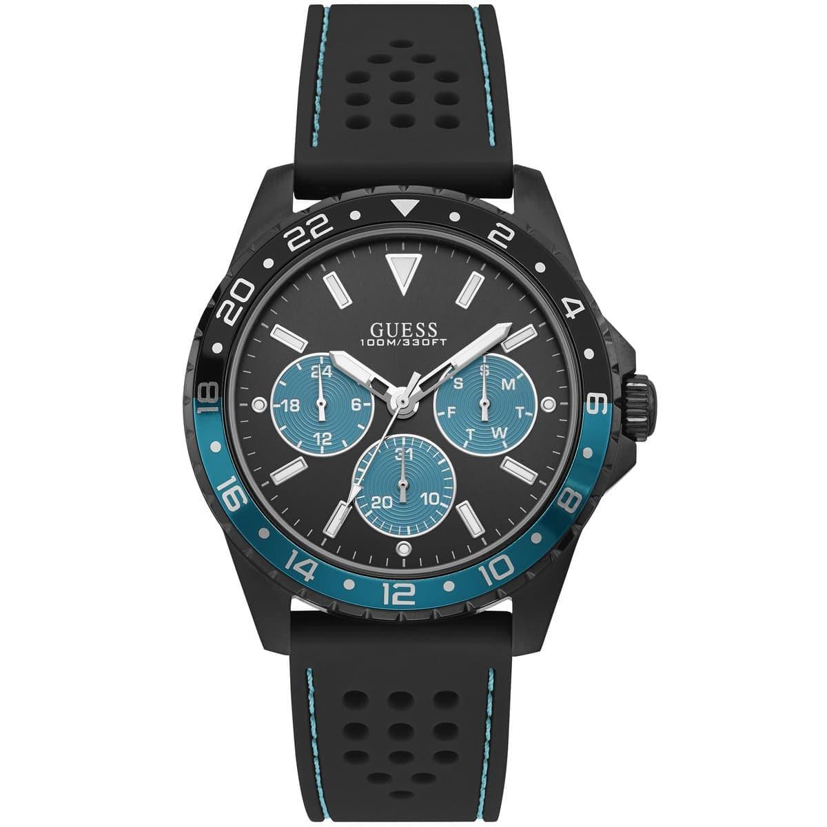 Guess Odyssey chronograph watch with black dial, blue sub-dials, and blue/black bezel