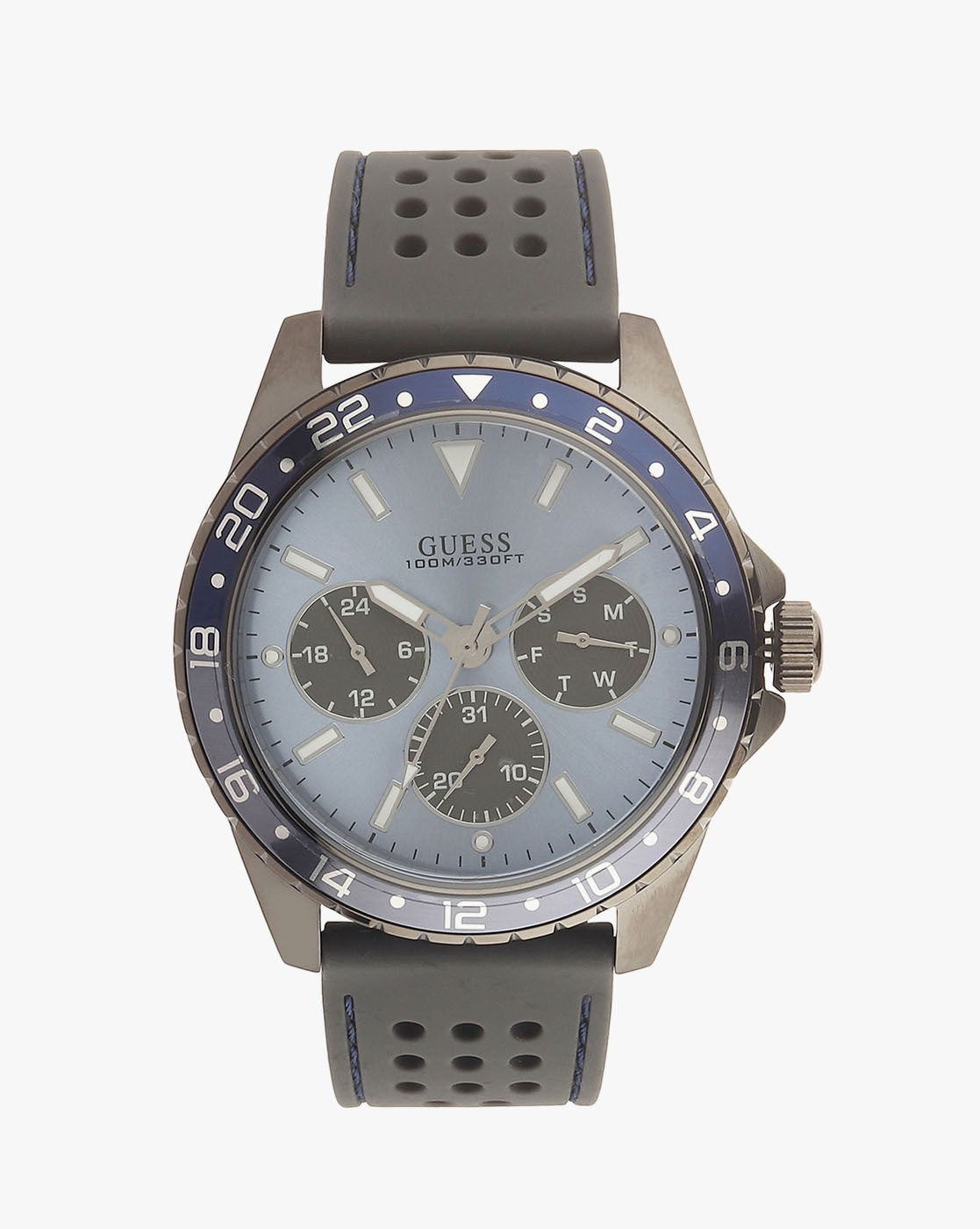 Guess Odyssey chronograph watch front view with light blue dial and dark subdials