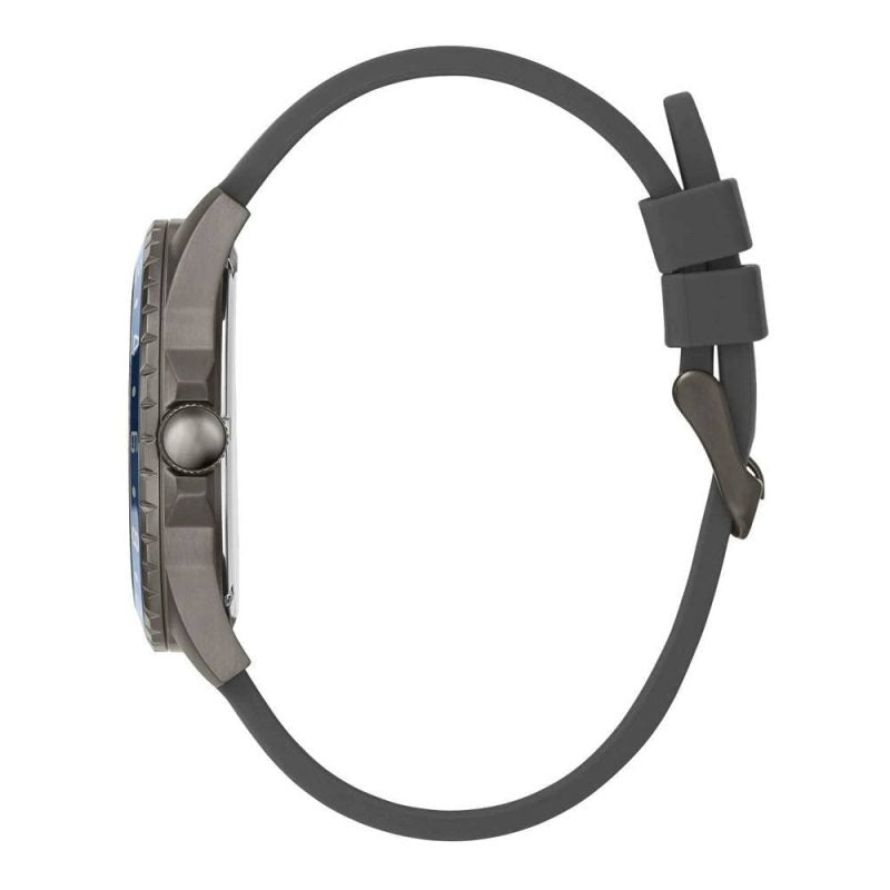 Guess Odyssey watch side profile showing gray silicon strap and case thickness