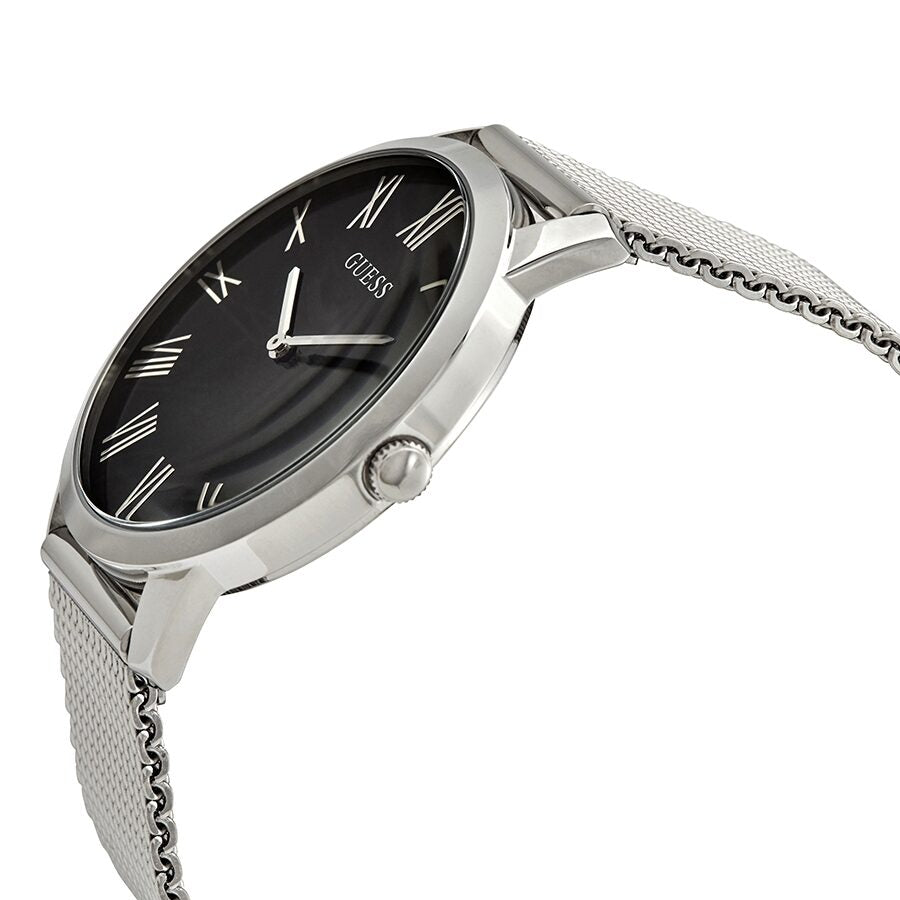 Angled view of Guess Only Time watch showing black dial and mesh bracelet profile
