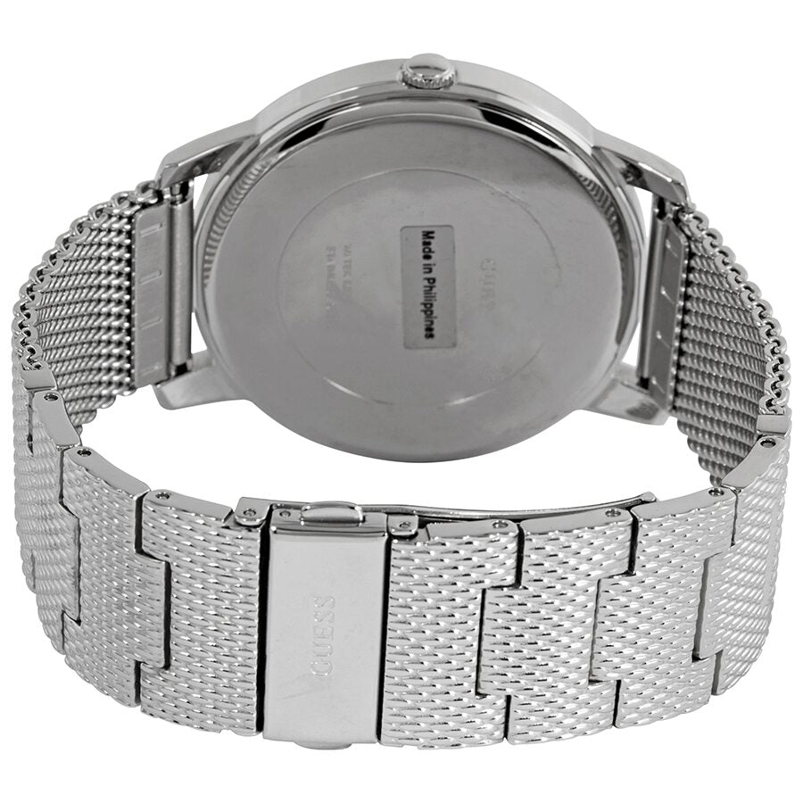 Caseback of Guess Only Time watch with stainless steel mesh bracelet