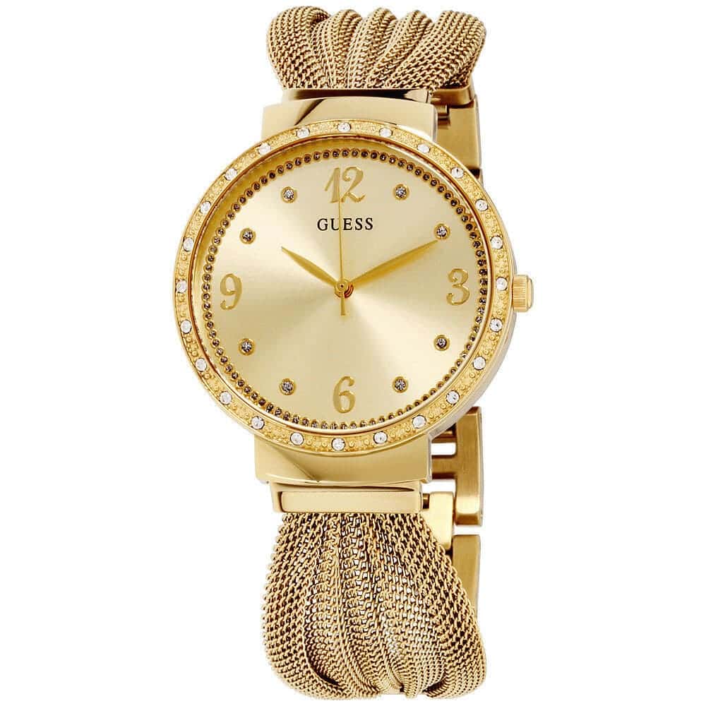 Guess Originals W1083L2 watch angled view showing champagne dial and mesh strap