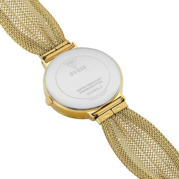 Guess Originals W1083L2 watch caseback with mesh strap in close-up view