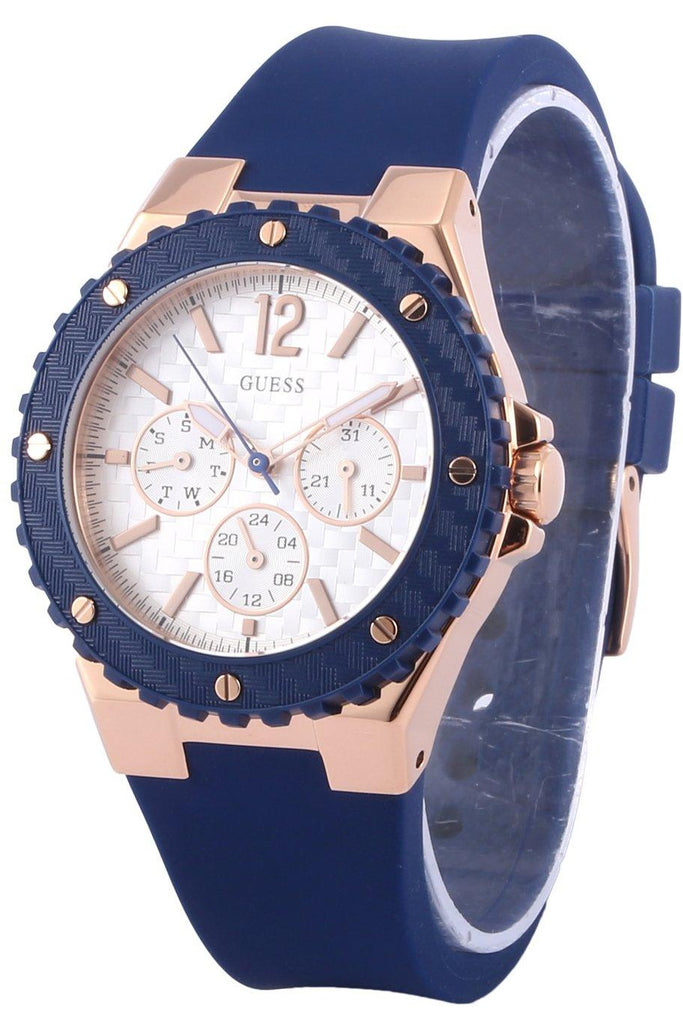 Guess Overdrive ladies watch with silver chronograph dial, rose gold case and blue silicone strap
