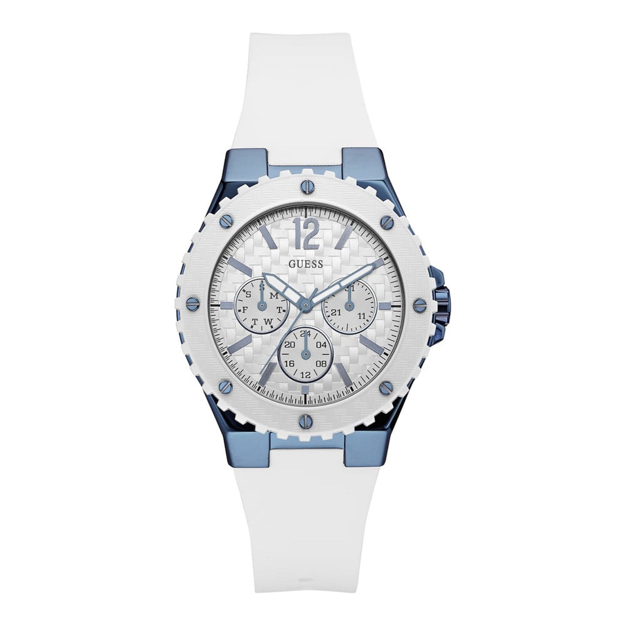 Guess Overdrive women's watch with white dial, blue and white silicone strap, and chronograph subdials