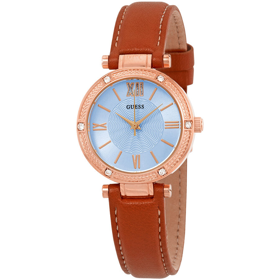 Guess Park Ave South rose gold ladies watch with crystal blue dial and cognac leather strap