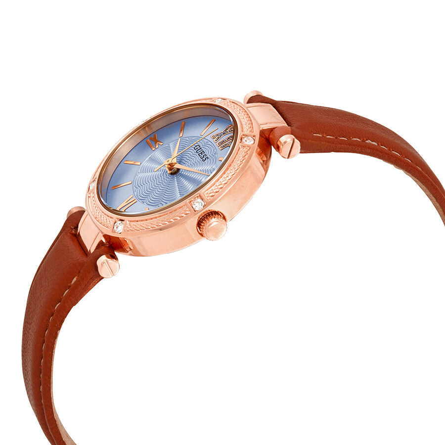 Side view of Guess Park Ave South ladies watch showing rose gold case and cognac leather strap