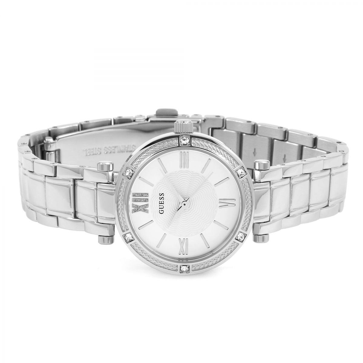 Guess Park Ave watch angled view showing silver steel bracelet and white dial with Roman numerals