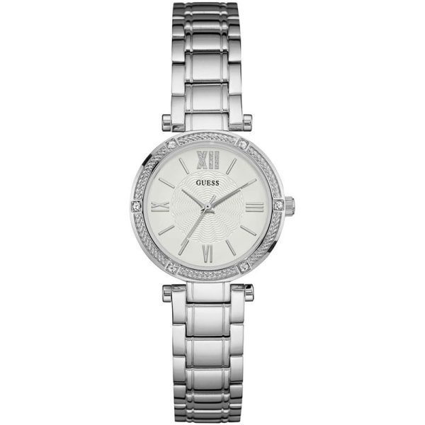 Guess Park Ave women's watch with white dial, crystal bezel, and silver steel bracelet