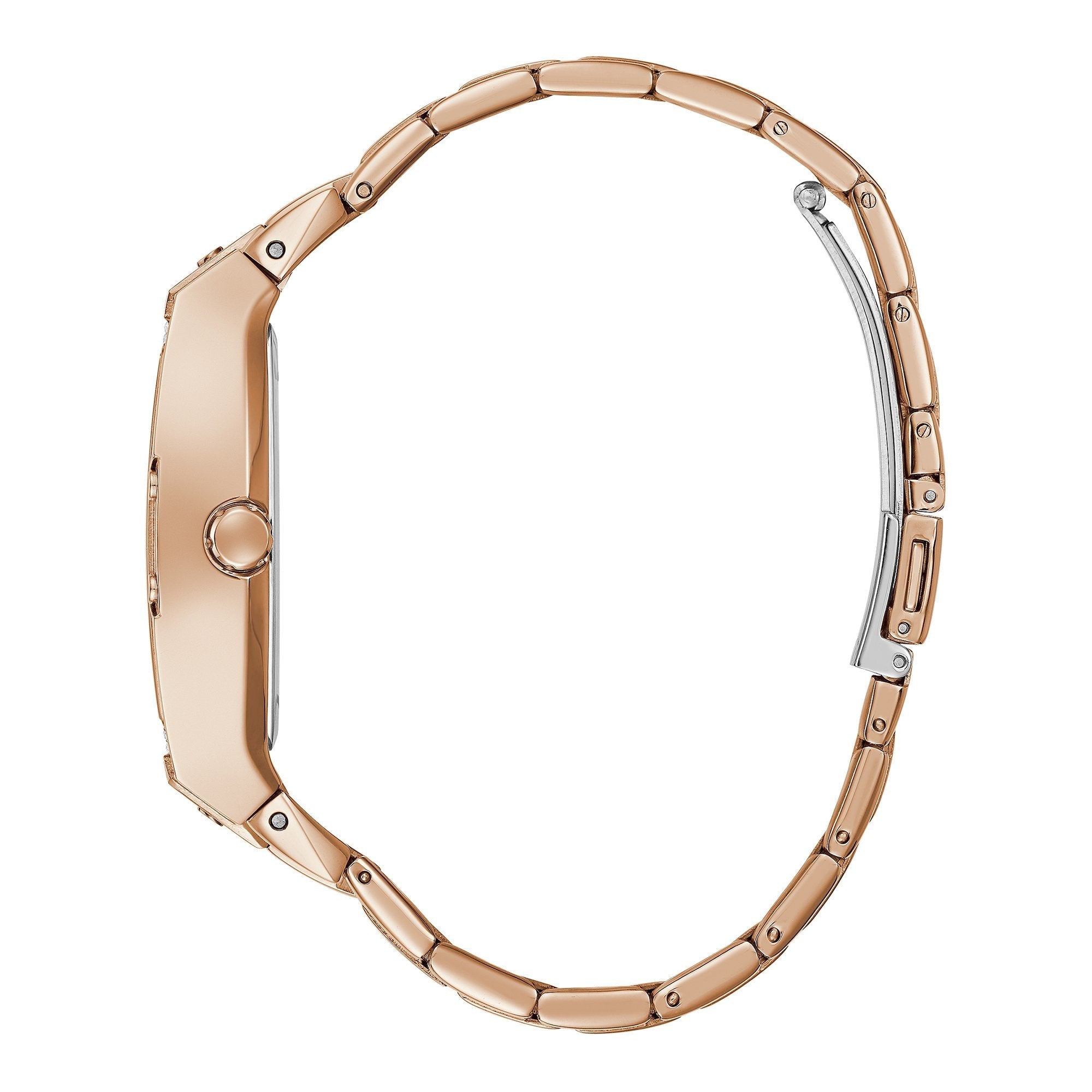 Side view of Guess rose gold women's watch showing bracelet and case profile