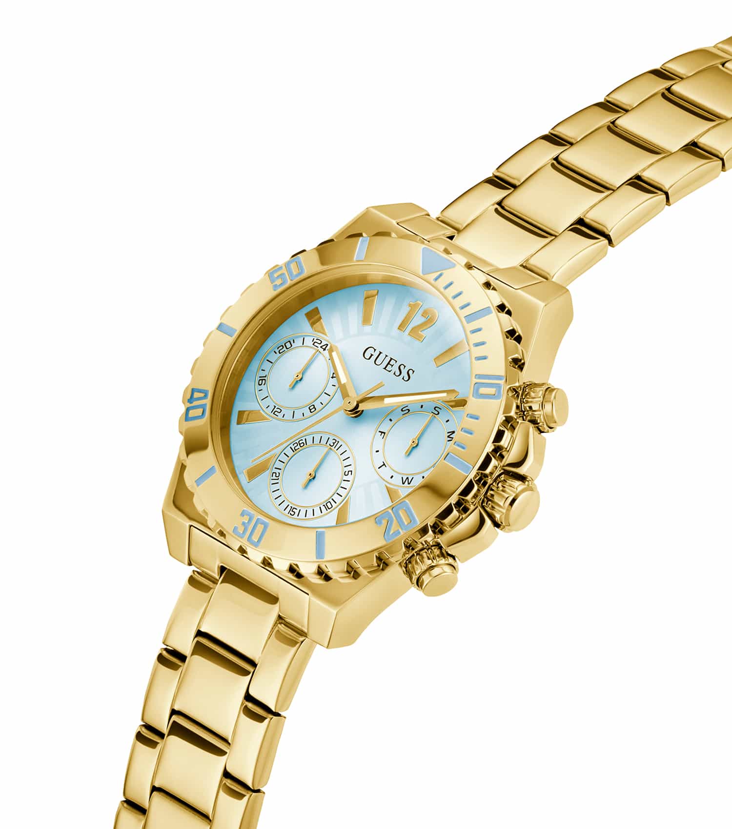Guess Phoebe gold watch displayed at angle showing case and bracelet