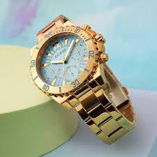 Guess Phoebe women's gold watch with light blue dial and chronograph subdials