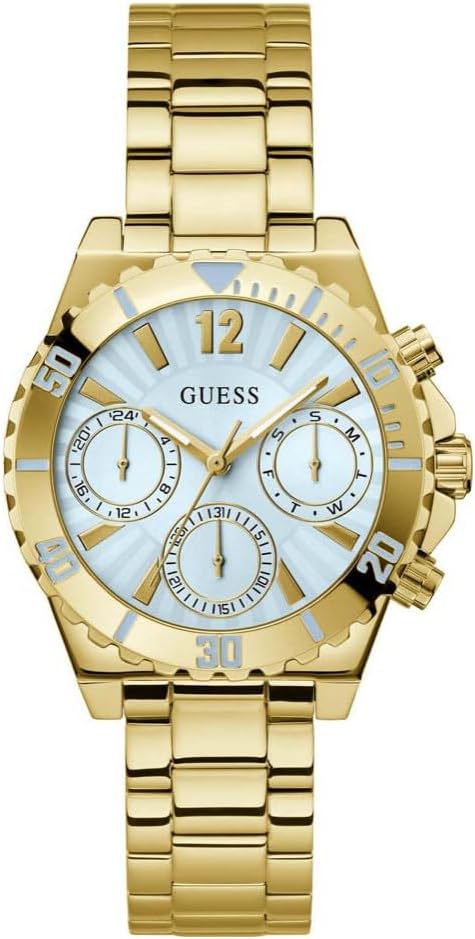 Guess Phoebe women's gold chronograph watch with sky blue dial and multi-function subdials