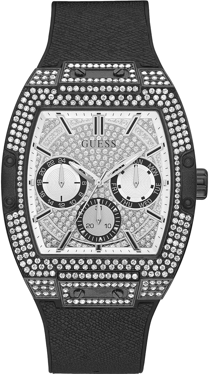Guess Phoenix multifunction watch with silver dial, three subdials, and black silicone strap
