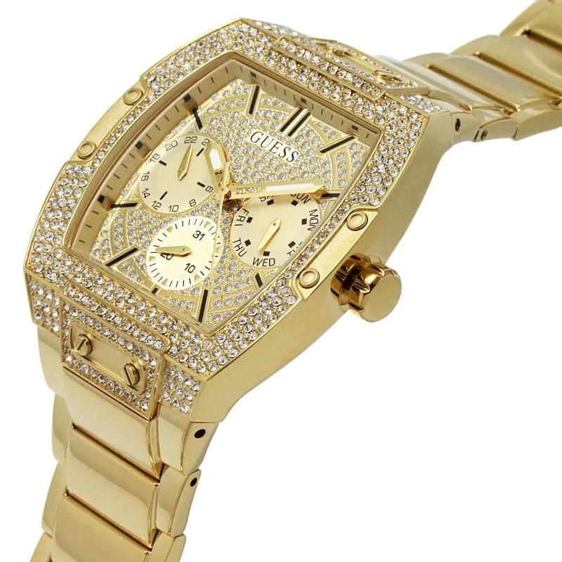 Guess Phoenix watch angle view showing gold bracelet and diamond-set case with chronograph