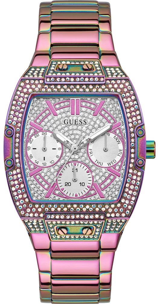 Guess Phoenix chronograph women's watch with pink crystal-embellished case and multicolor stainless steel bracelet