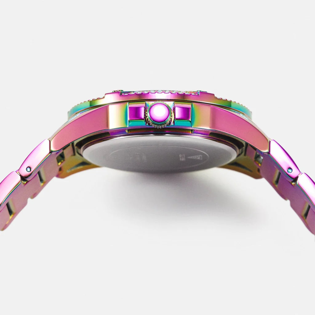 Side view of Guess Phoenix watch showing iridescent case, crown and pink ion-plated stainless steel band
