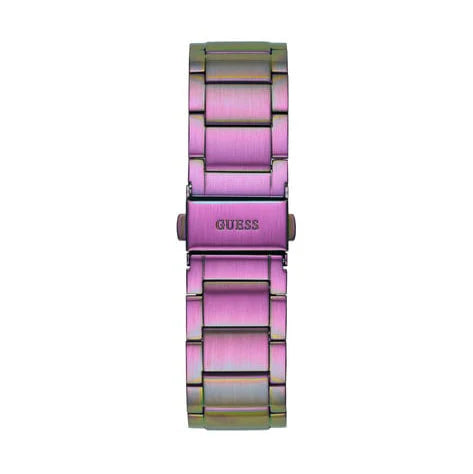 Guess Phoenix multicolor stainless steel link bracelet with pink and iridescent finish and engraved clasp