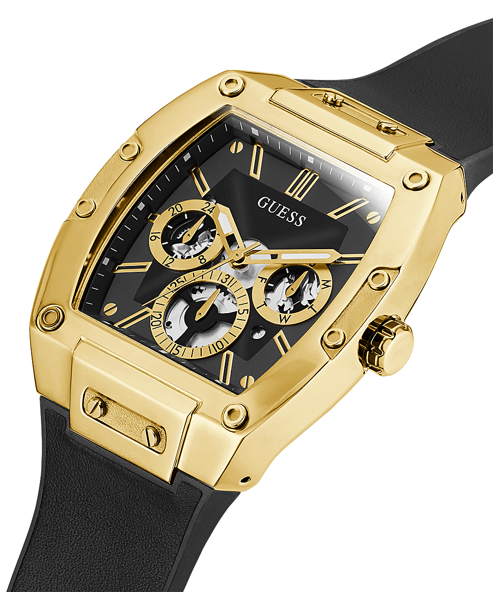Guess Phoenix watch angled view showing gold tonneau case and chronograph subdials