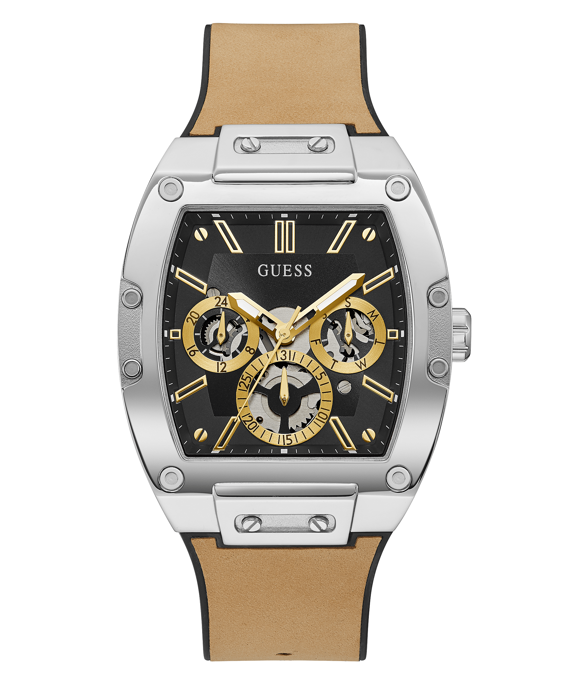 Guess Phoenix men's watch with black dial, gold chronograph subdials, steel case, and beige leather strap