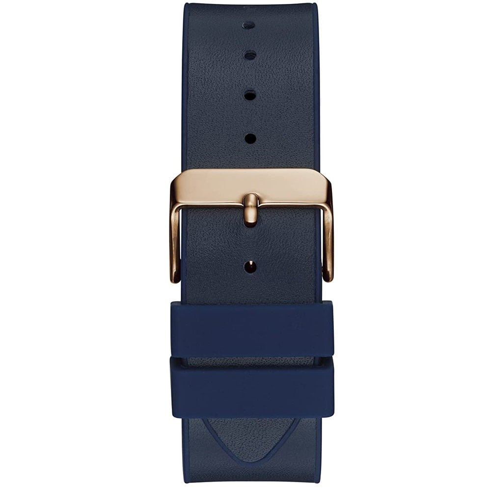 Navy blue silicone strap with rose gold buckle and holes for adjustment