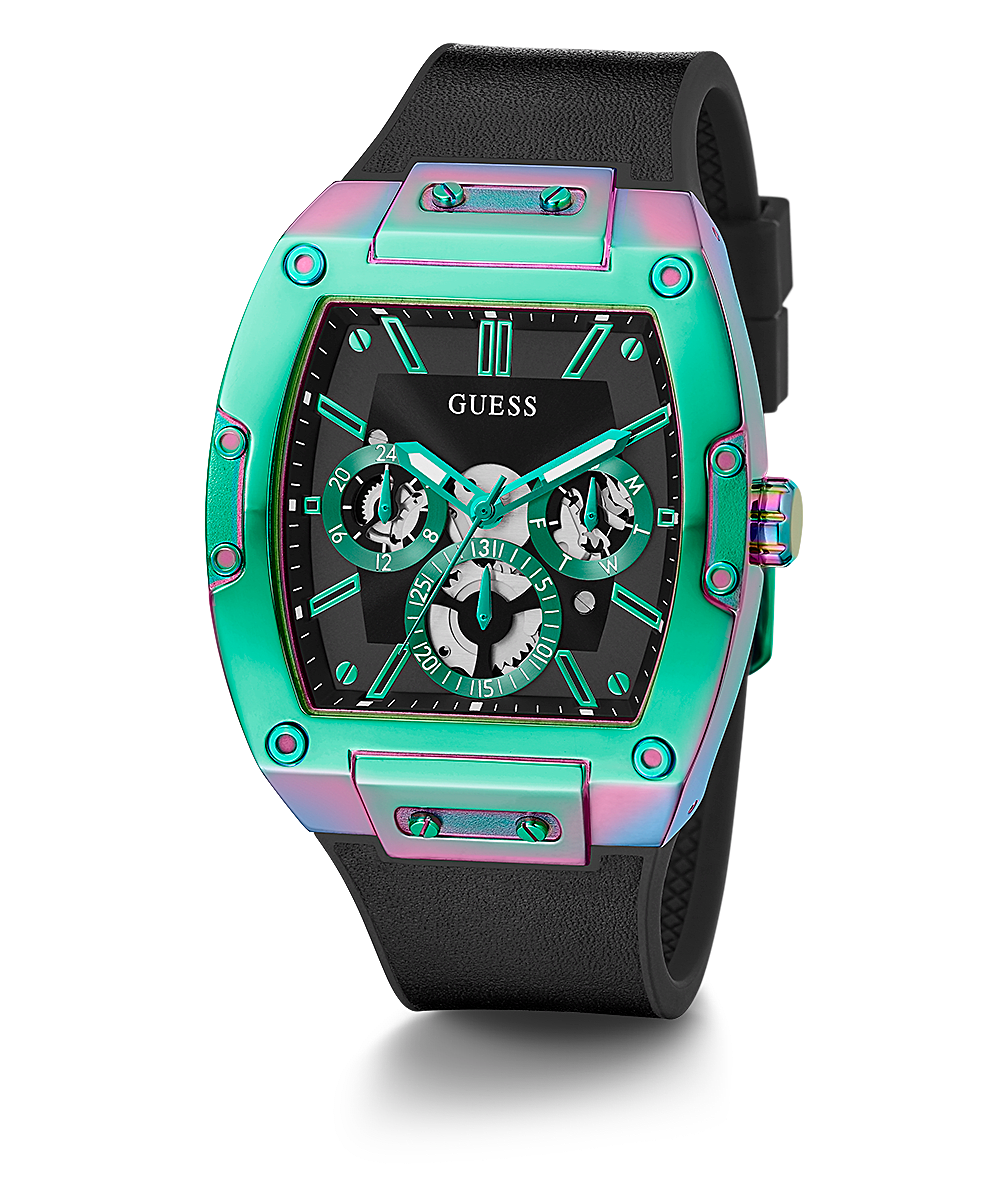 Guess Two-Toned Phoenix watch with turquoise and pink tonneau case, black chronograph dial, black silicone strap