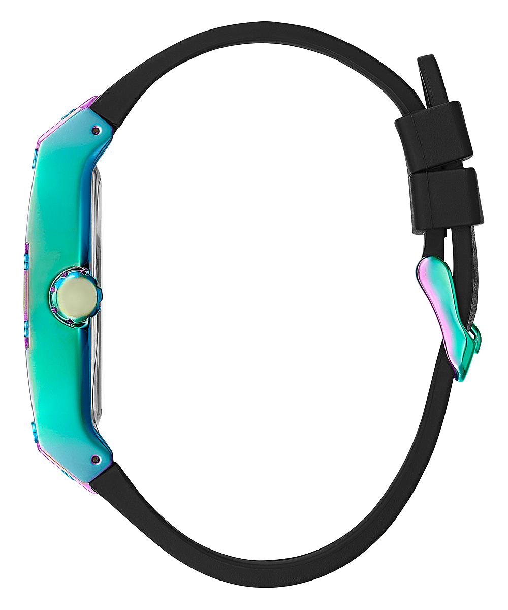 Guess Phoenix watch side view displaying turquoise and pink case profile with black silicone strap