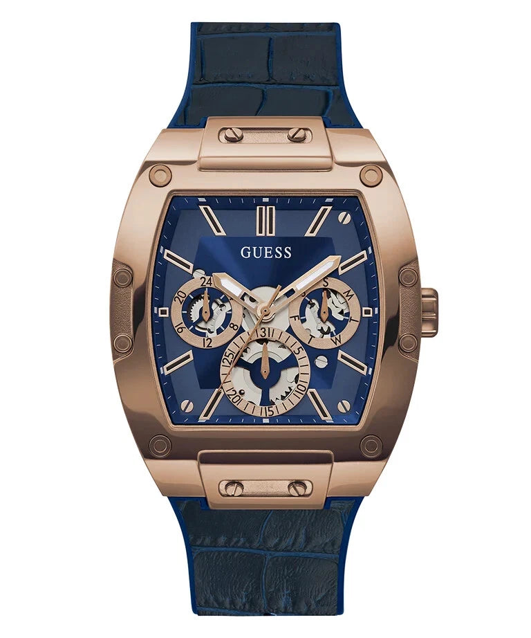 Guess Phoenix rose-gold watch with blue dial and blue silicone strap