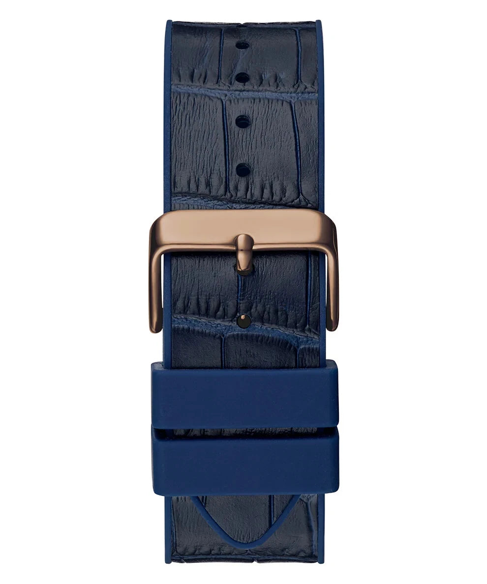 Guess Phoenix blue silicone strap with rose-gold buckle and texture detail