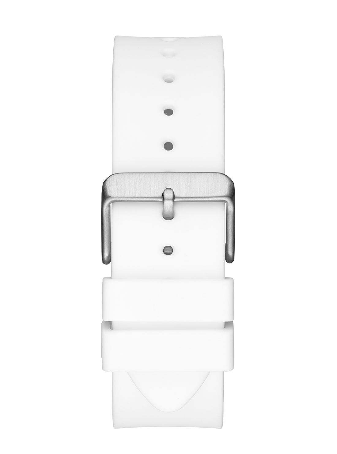 White silicone strap with metal buckle and keyholes detail