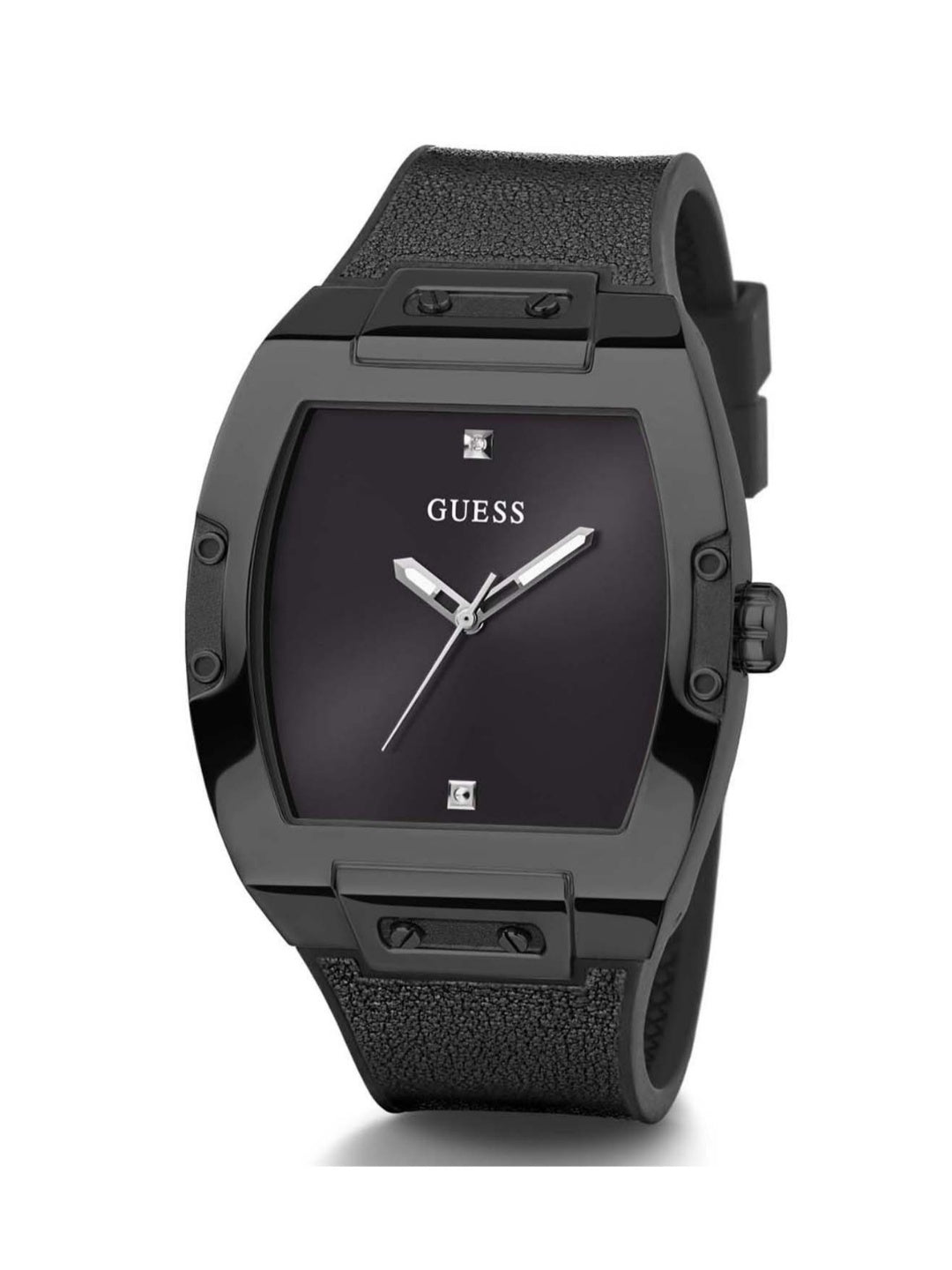 Guess Phoenix black dial men's watch with tonneau case and black leather strap