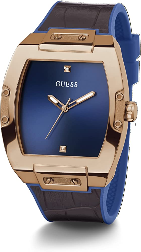 Guess Phoenix men's watch with blue dial, rose-tone case, and blue leather strap
