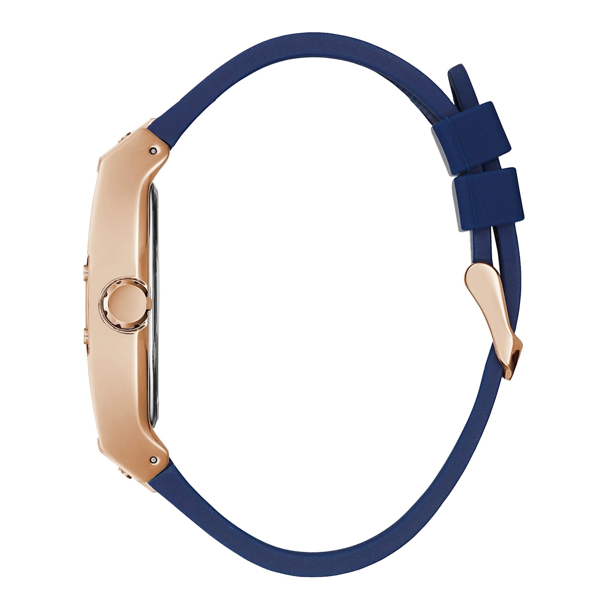 Guess Phoenix men's watch side profile showing rose-tone case and blue leather strap