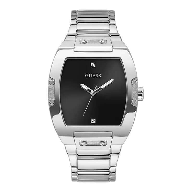 Guess Phoenix men's watch with black rectangular dial and silver steel bracelet strap