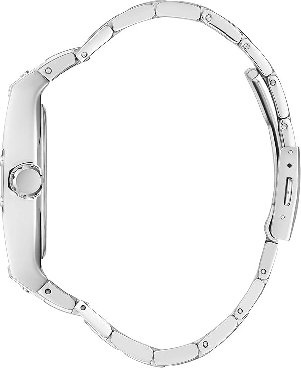 Guess Phoenix watch side view showing silver steel link bracelet and rectangular case profile
