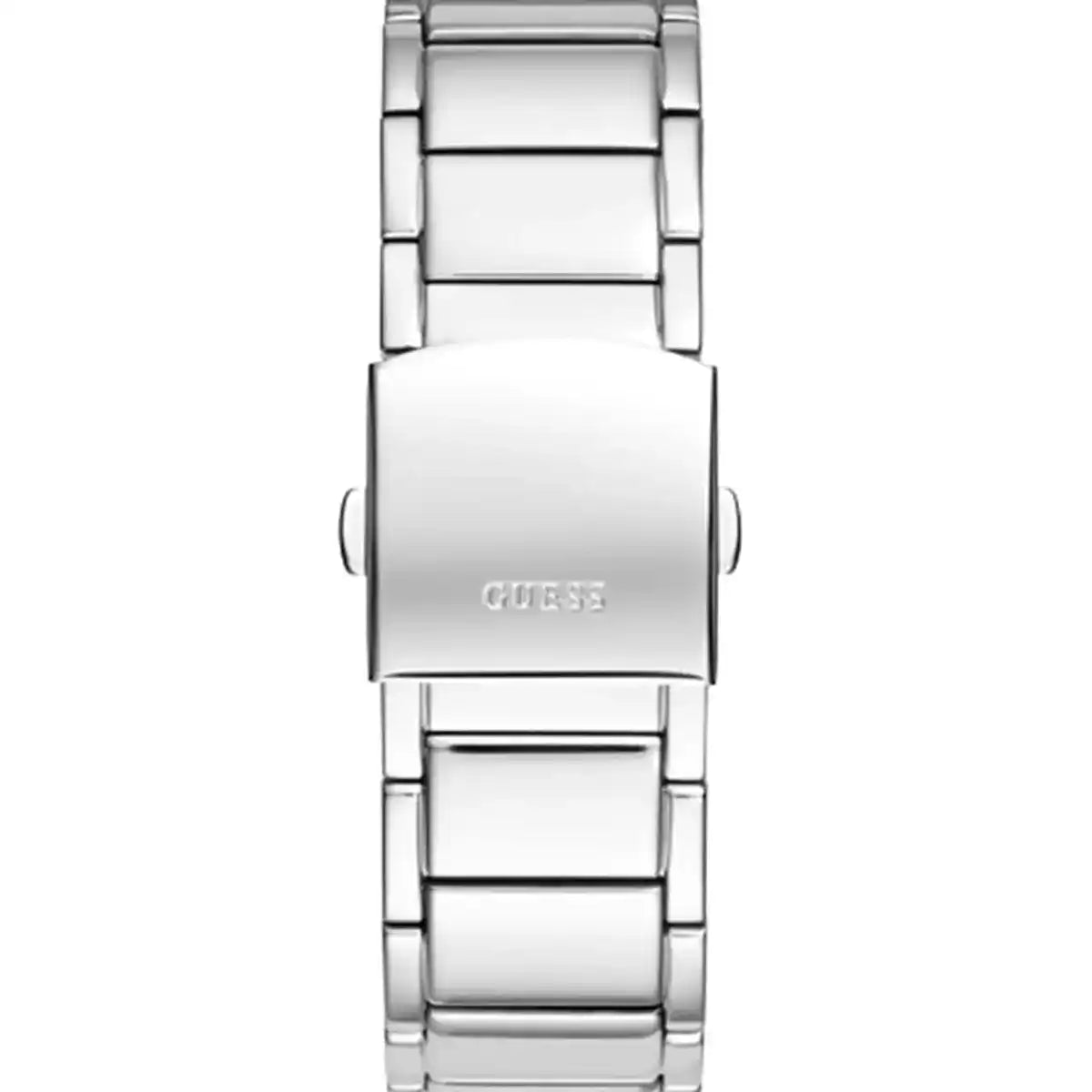 Guess Phoenix silver steel metal link bracelet showing GUESS engraving and link detail