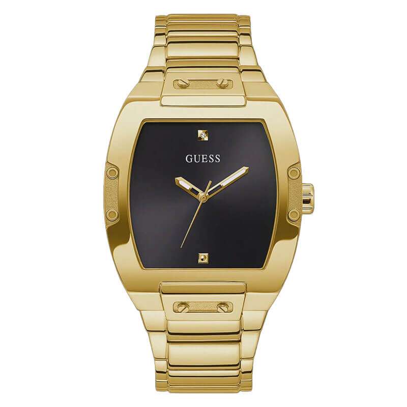 Guess Phoenix men's watch with black dial and gold tonneau case on steel strap