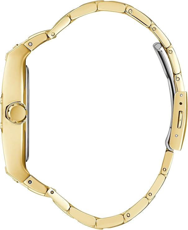 Guess Phoenix watch side view showing gold tonneau case and steel bracelet