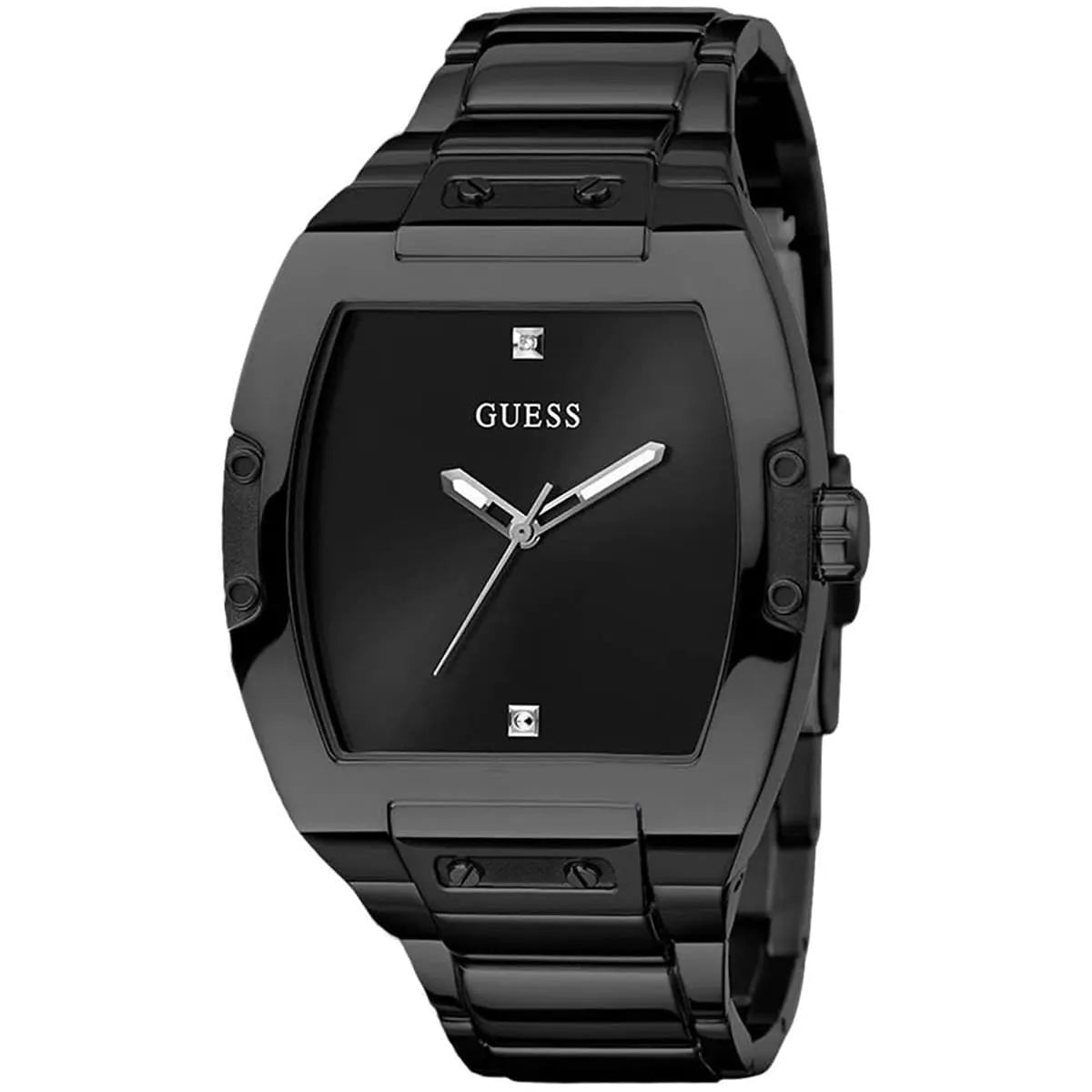 Guess Phoenix men's watch angled view showing black case and stainless steel strap