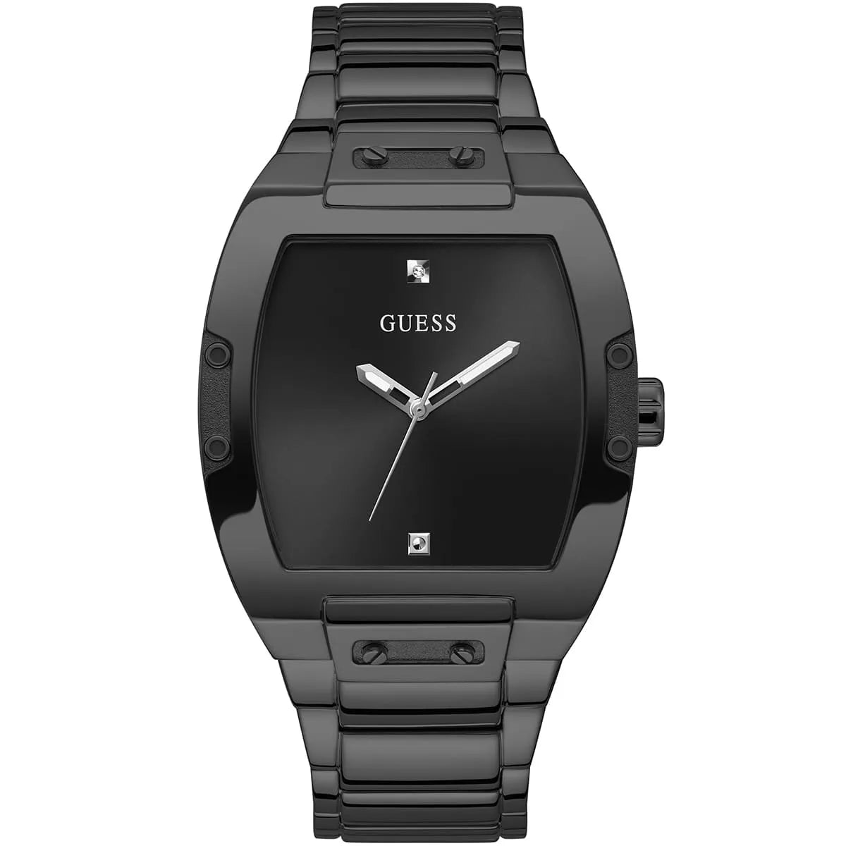 Guess Phoenix black square dial quartz watch with metal bracelet, straight view