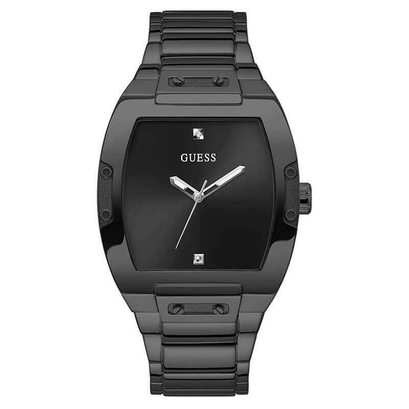 Guess Phoenix black square dial men's watch with stainless steel bracelet, front view